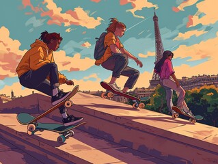 Skateboarders in Paris 2024: A Bloomcore Illustrated Spectacle
