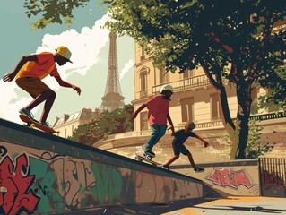 Olympic Skaters Glide in Muted Tones: Parisian Urban Canvas