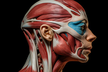 SIde view face human anatomy, skin and muscles