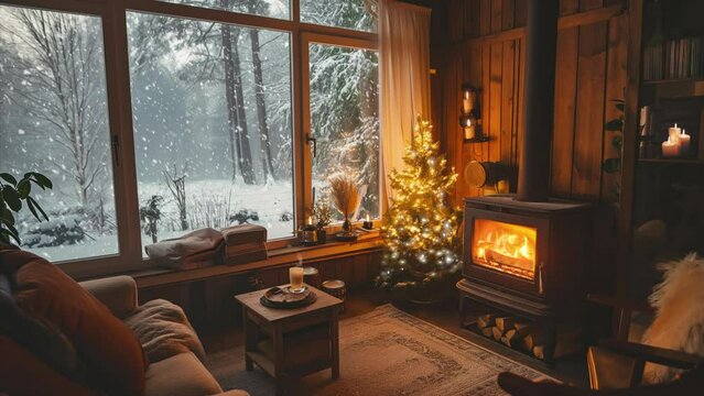 Winter Cabin Interior with Cozy Fireplace, Looped footage