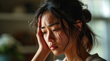 Asian Young Woman Has Migraine Headache, Background HD For Designer