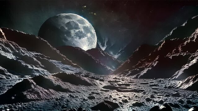 Depicts a rugged mountainous region under a brightly shining full moon. The dark sky sprinkled with stars and the mountains capped with snow illuminated by moonlight create an enchanting atmosphere.
