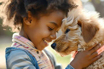 Afro little girl caring and playing with her pet puppy dog outdoors
