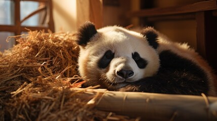  a panda bear laying on top of a pile of dry grass next to a pile of wood and a window.