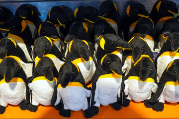 Many cute toy penguins in the toy store