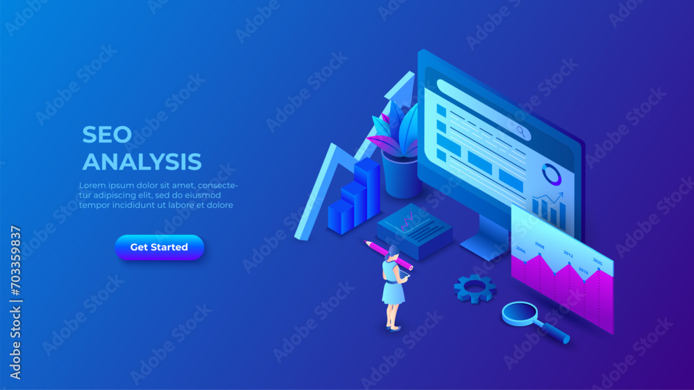 Poster Dark SEO analysis design concept. Isometric vector illustration. Landing page template for web