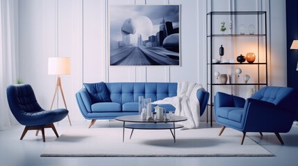 White living room wih navy blue armchair, sofa and posters