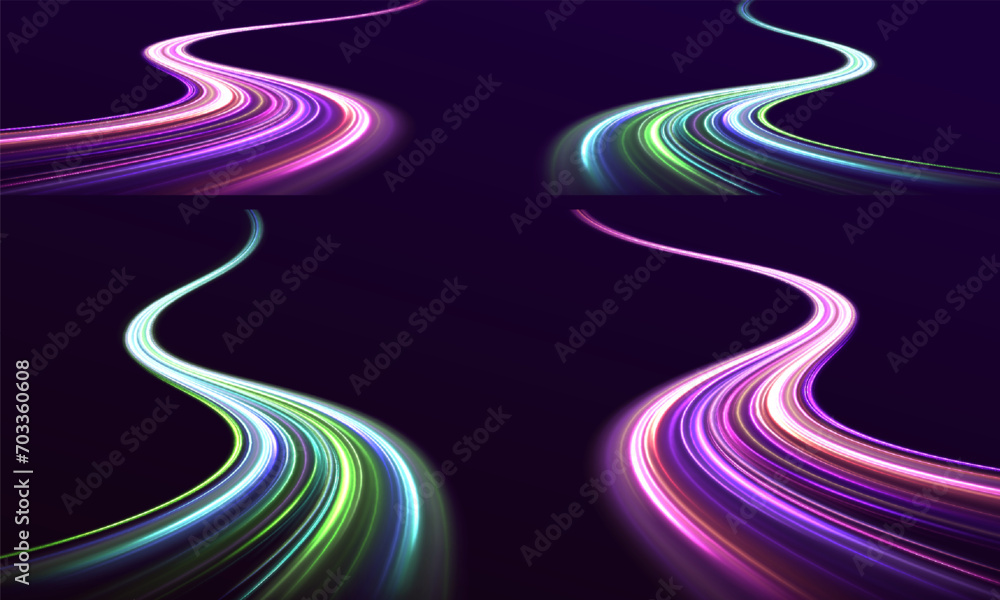 Poster Big set of neon speeds in the form of a road of different light colors. Rotating dynamic neon circle. Colored shiny sparks of spiral wave. Expressway, the effect of car headlights.