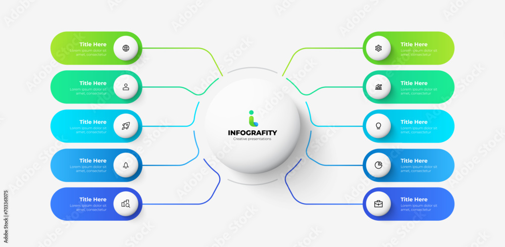 Poster Central circle with 10 rounded elements. Infographic flowchart template. Structure visualization