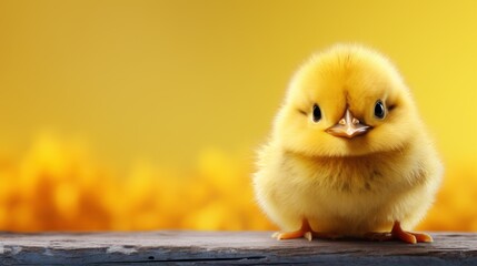  a small yellow chicken sitting on top of a piece of wood in front of a yellow background with a yellow flame behind it.