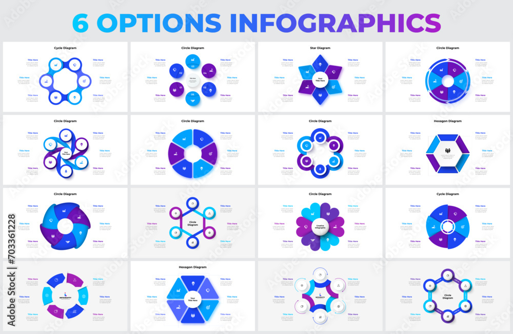 Poster Big set of vector hexagons, circles, arrows and abstract elements for cycle infographic with 6 options, steps or processes