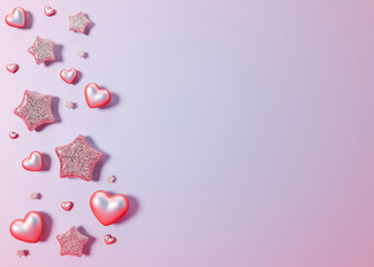 Violet background with shiny hearts, glittering stars and copy space. Valentine's Day, Woman's, Mothers Day backdrop. Empty space for text. Postcard, greeting card design. Y2k Valentine gradient. 3D.
