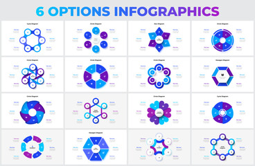Big set of vector hexagons, circles, arrows and abstract elements for cycle infographic with 6 options, steps or processes