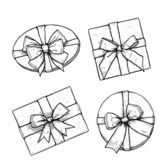 Gift boxes with ribbons and bows set. Hand drawn sketch illustrations collection. Top view close up drawing of round gift boxes isolated on white background.