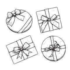 Gift boxes with ribbons and bows set. Hand drawn sketch illustrations collection. Top view close up drawing of round gift boxes isolated on white background.