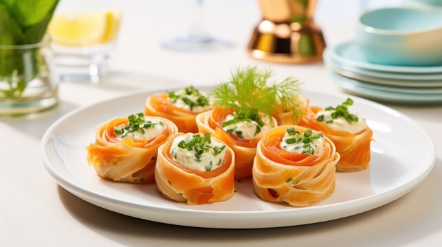  a white plate topped with rolls covered in cream cheese and garnished with a sprig of parsley.