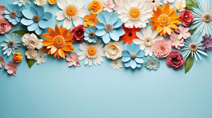 Top view of the floral arrangement, handmade 3d paper flowers in pastel colors on light blue background, copy space