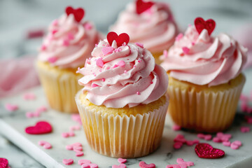 Valentines Day Themed Cupcakes With Pink Frosting And Heart Sprinkles