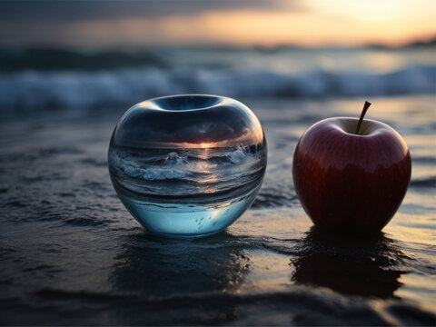 AI generated lovely double exposure image blending together a stormy sea and a glass apple. The sea should serve as the underlying backdrop, with its details subtly incorporated into the glossy glass