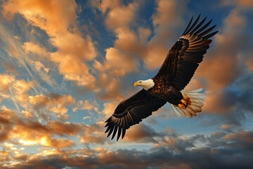 A bald eagle soars through a dramatic sky