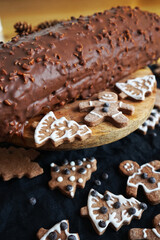 Gingerbread next to a chocolate roll on a dark background