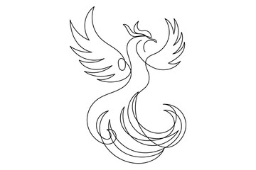 Abstract Phoenix Outline Bird Curve Portrait. One Line Drawn Phoenix Fantasy Bird Sketch Silhouette Logo.  Line Drawn Editable Magic Mascot Bird Portrait isolated on White Background