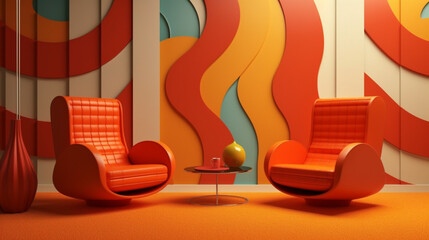 Two 70s armchairs in orange .at a small glass table, Generative AI - 703363641