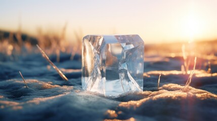  an ice cube sitting in the middle of a field of grass and grass with the sun shining in the background.