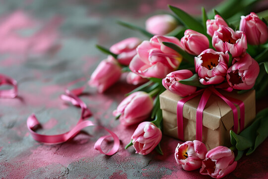 Spring tulip flowers, gift or present box and number 8 for Happy Women Day. Greeting card in pink colors. - Powered by Adobe