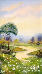 Watercolor landscape. Sunset over the river