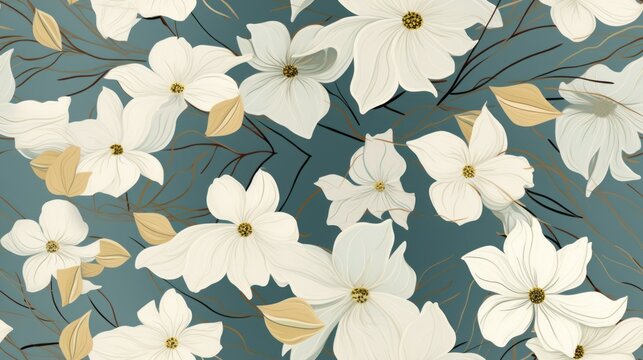  a pattern of white flowers and leaves on a blue background with a gold line in the middle of the image.