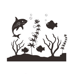 Deep ocean world background. Dark underwater silhouette of swimming sea fish with black outline of coral and vector plants
