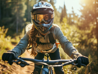 Yonge lady riding off-road mountain sport bike over extreme rough terrain