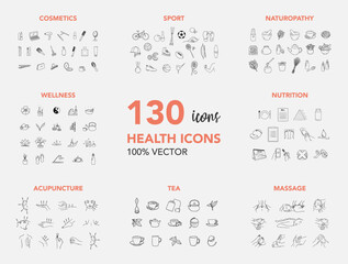 Set of 130 health vectors icon, thin line web icon set, vector illustration - obrazy, fototapety, plakaty
