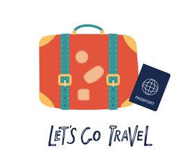 Naklejka premium Lets go travel lettering. Red suitcase, passport, voyage or vacation isolated on white. Flat vector illustration of traveler's luggage in old style