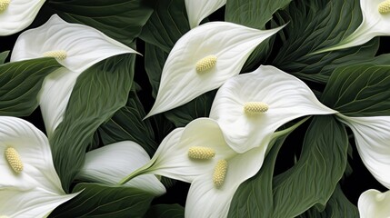  a large group of white flowers with green leaves on the bottom and bottom of the petals on the bottom of the petals.