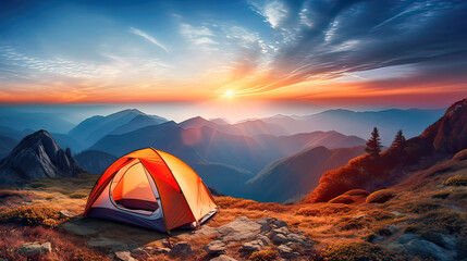 there is a tourist tent on the mountainside, a beautiful landscape, sunrise