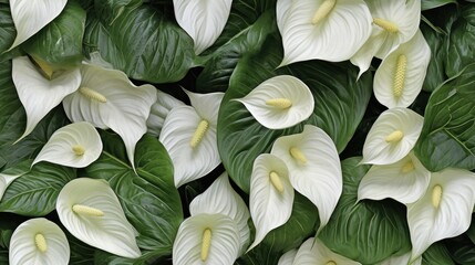  a close up of a bunch of white flowers with green leaves on the side of the flowers and leaves on the back of the flowers.