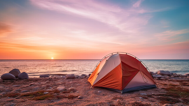 there is a tourist tent on the seashore, a beautiful landscape, sunset
