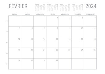 Calendrier Février 2024 Mensual Planificateur avec Numero de Semaine à imprimer A4