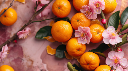 Plum blossoms flower and mandarin orange symbol of prosperity, lunar new year pink backdrop ,...