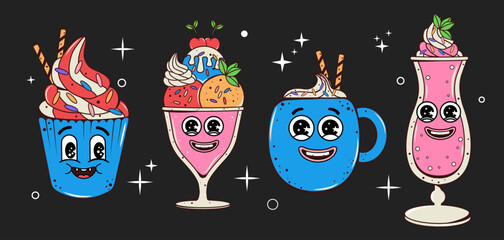 Set of food in groovy style. Characters with faces and facial expressions. Coffee, ice cream, milkshake. Y2k. Vector stock illustration. Isolated. Trendy psychedelic design. Hippie. Sticker pack