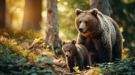 Mother bear and her cub sharing a tender moment in the forest. - obrazy, fototapety, plakaty