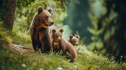 Mother bear and her cubs sharing a tender moment in the forest. - obrazy, fototapety, plakaty