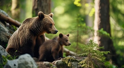 Obraz premium Mother bear and her cub sharing a tender moment in the forest.
