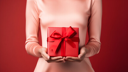 Women wearing pink dress holding a gift box in her hands on red background, giving present on New year and Valentines day.