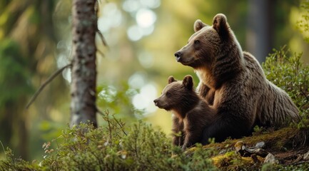 Obraz premium Mother bear and her cub sharing a tender moment in the forest.