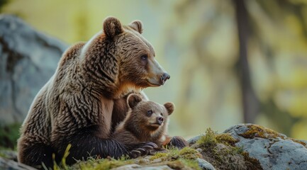 Mother bear and her cub sharing a tender moment in the forest.