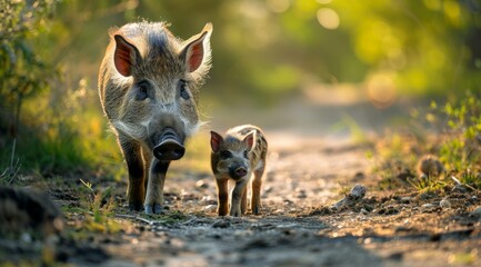 A wild boar and her piglet wandering down a forest path together. - obrazy, fototapety, plakaty