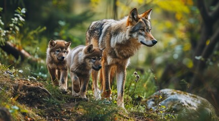 Obraz premium A wolf pack at dusk, an adult watches over the playful cubs.